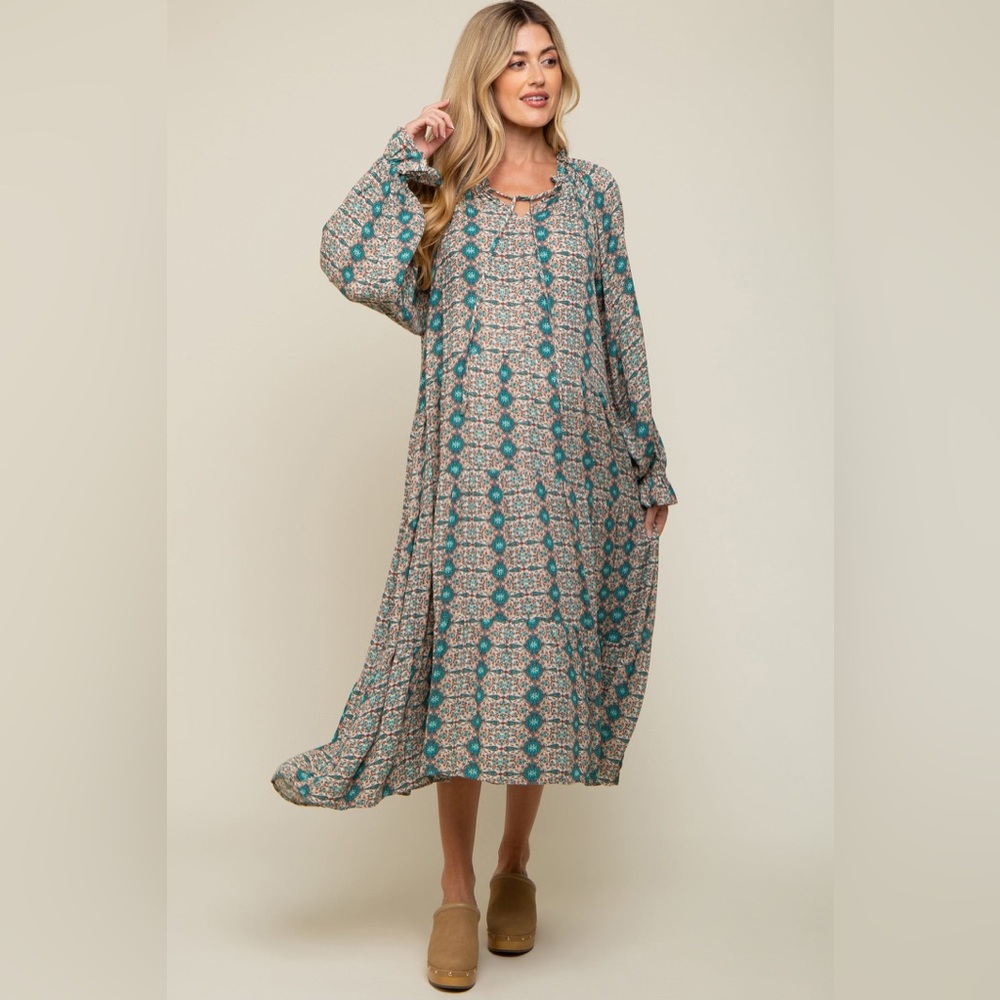 Easel Paisley Mint Green Printed Long Sleeve Gauze Maxi Dress - Picture 9 of 10